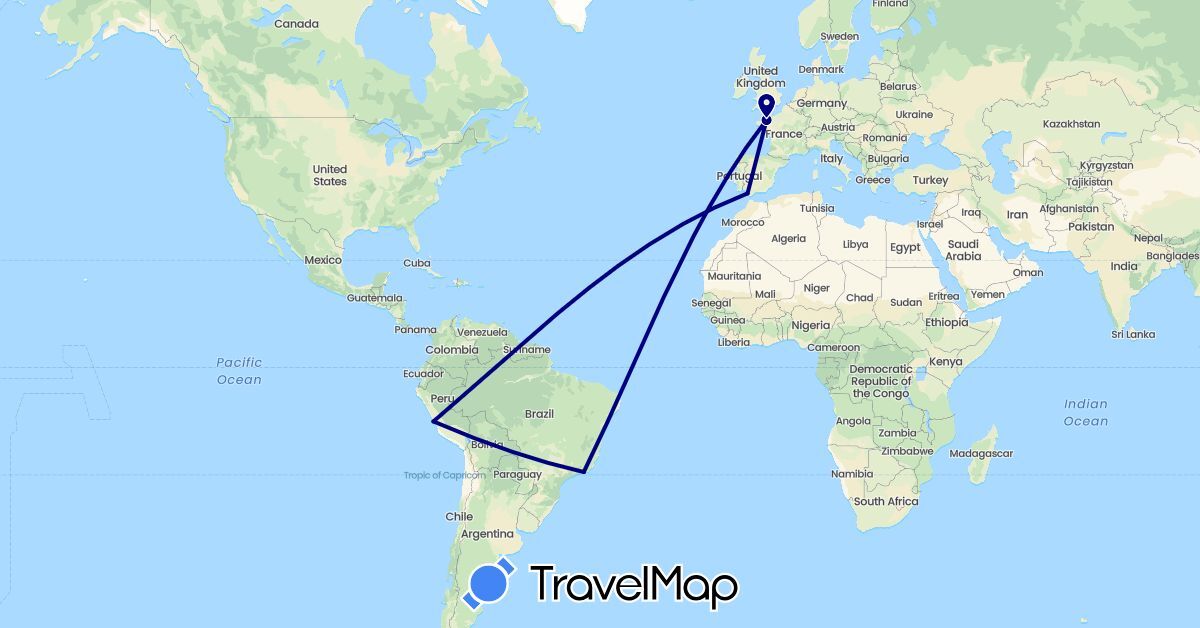 TravelMap itinerary: driving in Brazil, Spain, France, Peru (Europe, South America)